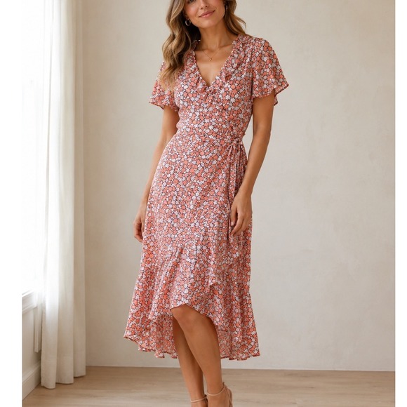 Michael Kors Dresses & Skirts - Michael Kors Coral Floral Ruffle Wrap Midi Dress Womens Summer Large High Low